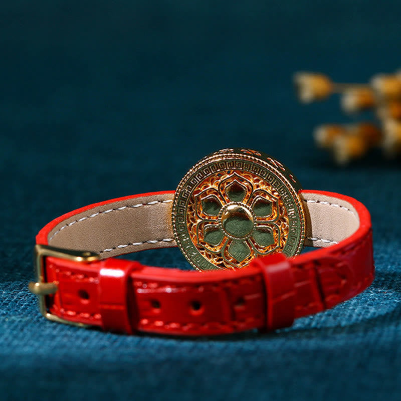 Six True Words Eight Treasures Compass Jade 24K Gold Plated Luck Leather Bracelet - Image 4