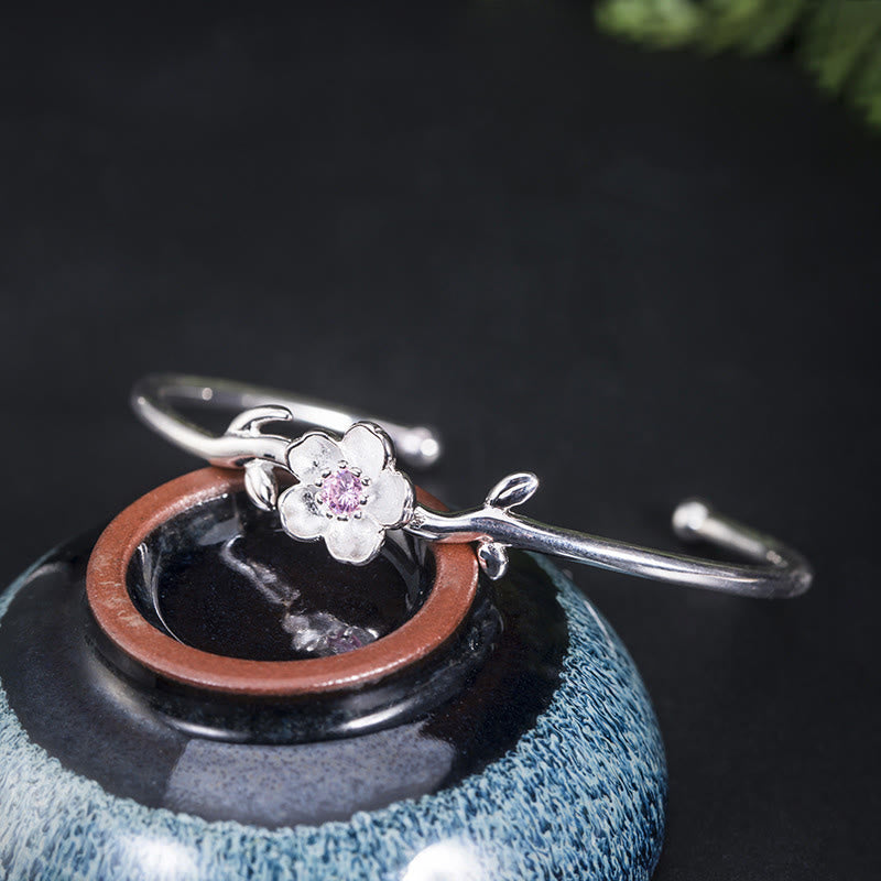 925 Sterling Silver Cherry Blossom Luck Bracelet Bangle - Image 5