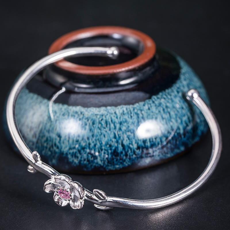 925 Sterling Silver Cherry Blossom Luck Bracelet Bangle - Image 8