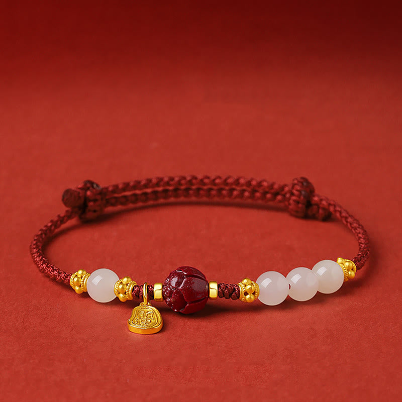 Fu Character Jade Cinnabar 24K Gold Plated Luck Red String Bracelet
