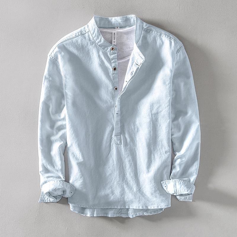 Solid Color Long Sleeve Half Button Shirt Cotton Linen Men Clothing