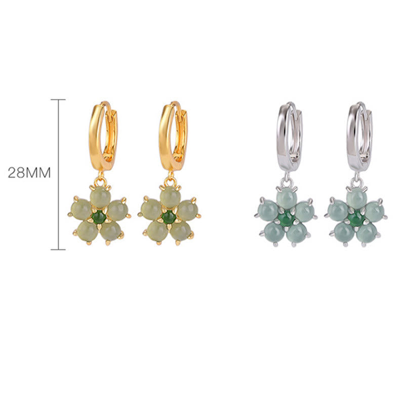 925 Sterling Silver Plated Gold Green Jade Flower Design Luck Prosperity Earrings - Image 11