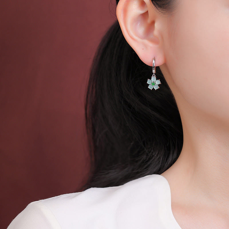 925 Sterling Silver Plated Gold Green Jade Flower Design Luck Prosperity Earrings - Image 8