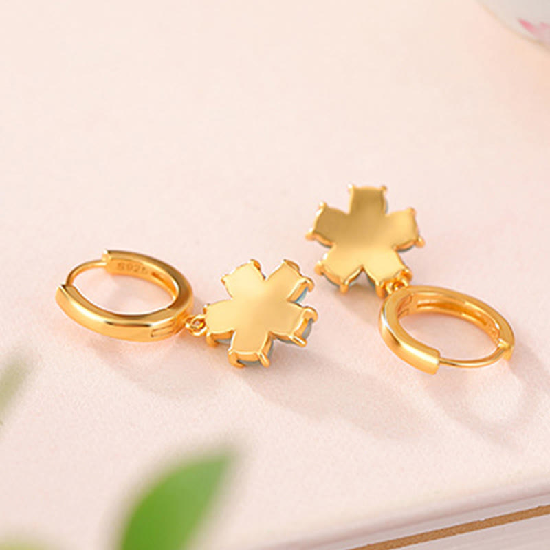 925 Sterling Silver Plated Gold Green Jade Flower Design Luck Prosperity Earrings - Image 3