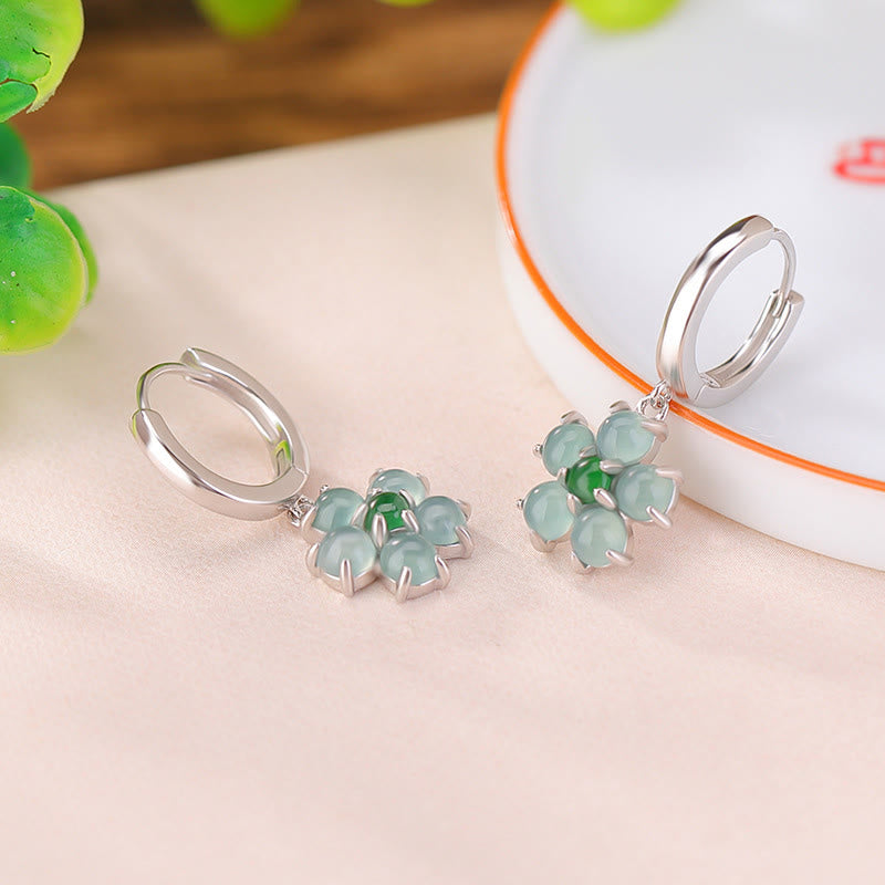 925 Sterling Silver Plated Gold Green Jade Flower Design Luck Prosperity Earrings - Image 5