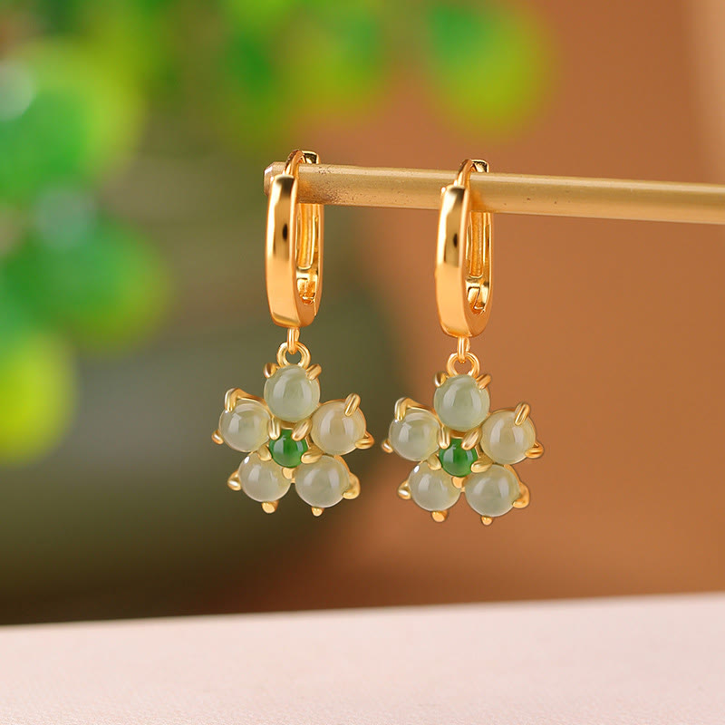 925 Sterling Silver Plated Gold Green Jade Flower Design Luck Prosperity Earrings