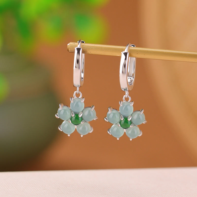 925 Sterling Silver Plated Gold Green Jade Flower Design Luck Prosperity Earrings - Image 4