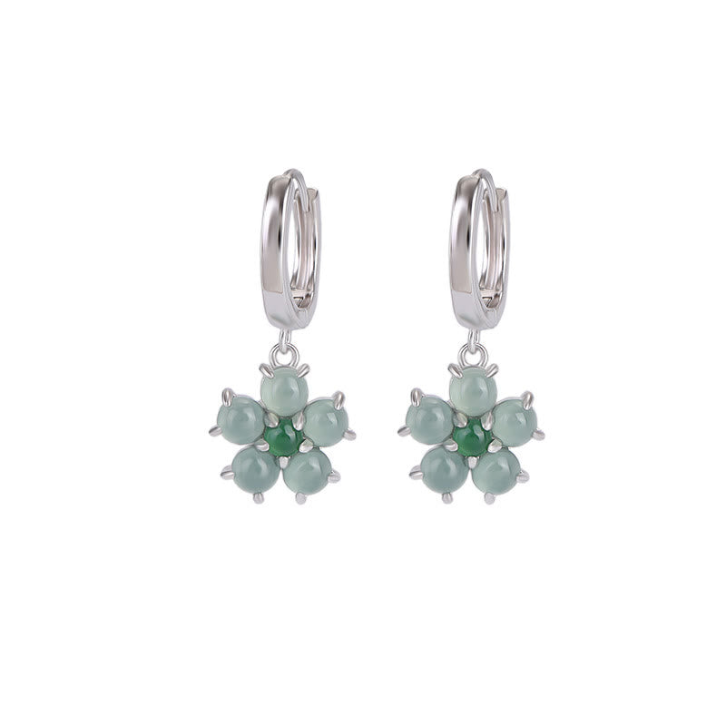 925 Sterling Silver Plated Gold Green Jade Flower Design Luck Prosperity Earrings - Image 12