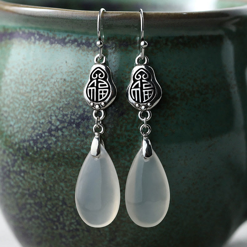 925 Sterling Silver Posts Natural Chalcedony Fu Character Positive Harmony Earrings
