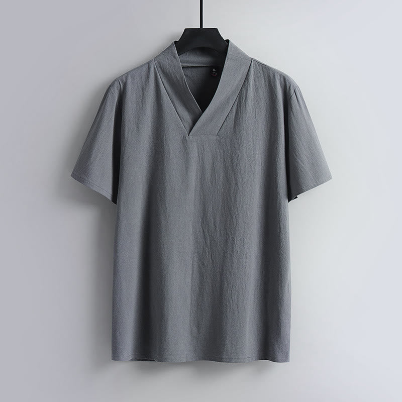Loose Men's T-Shirt Solid Color Top Short Sleeve V Collar Breathable Linen Shirt