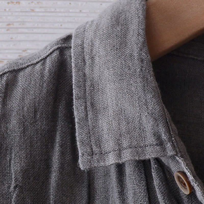 Men's Shirt Solid Color Lapel Top Long Sleeve Comfy Button Crease Cotton Linen Shirt - Image 6