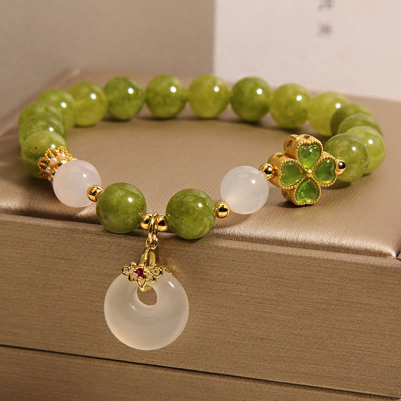 Green Tourmaline Chalcedony Four Leaf Clover Peace Buckle Charm Wisdom Bracelet - Image 4