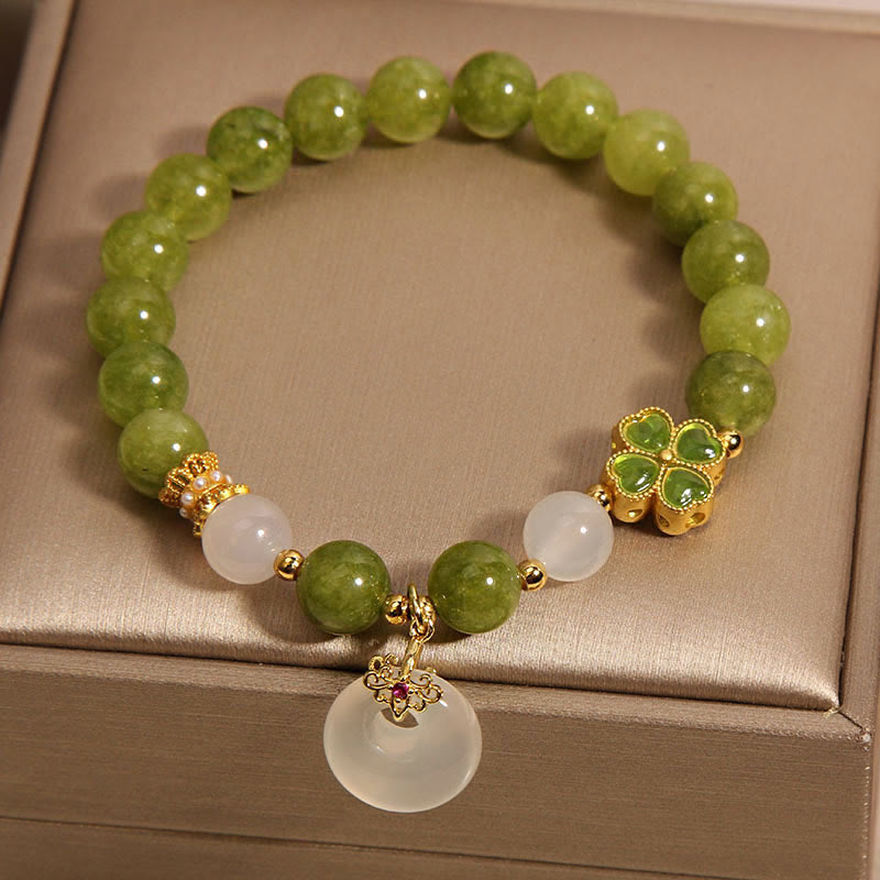 Green Tourmaline Chalcedony Four Leaf Clover Peace Buckle Charm Wisdom Bracelet - Image 5