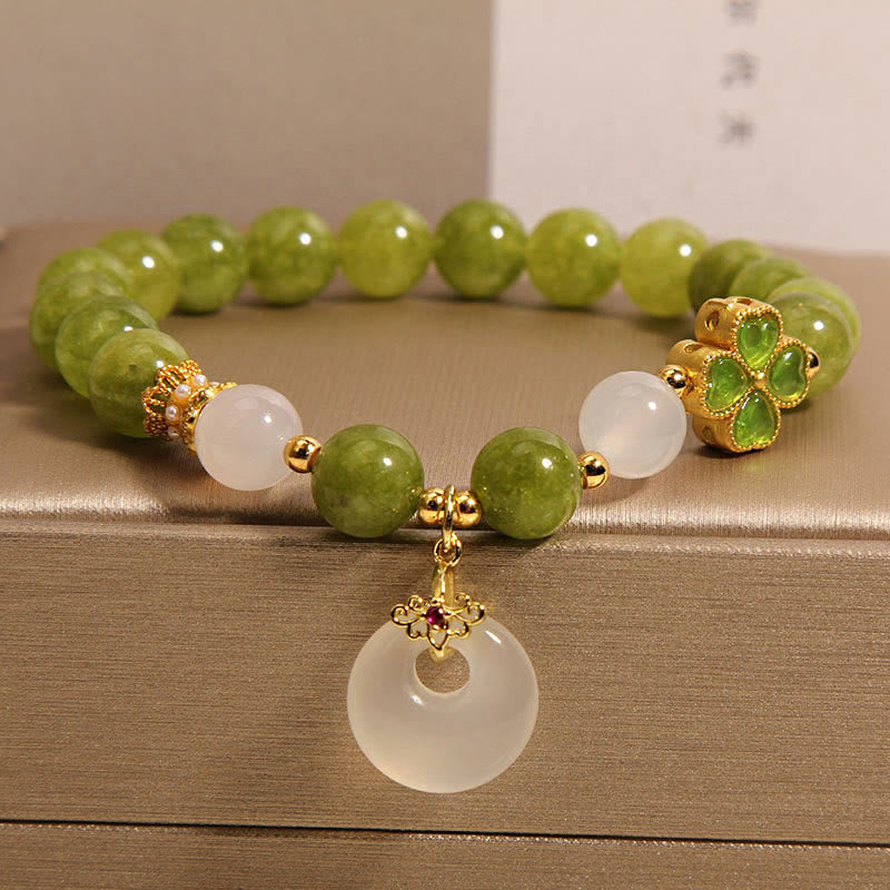 Green Tourmaline Chalcedony Four Leaf Clover Peace Buckle Charm Wisdom Bracelet