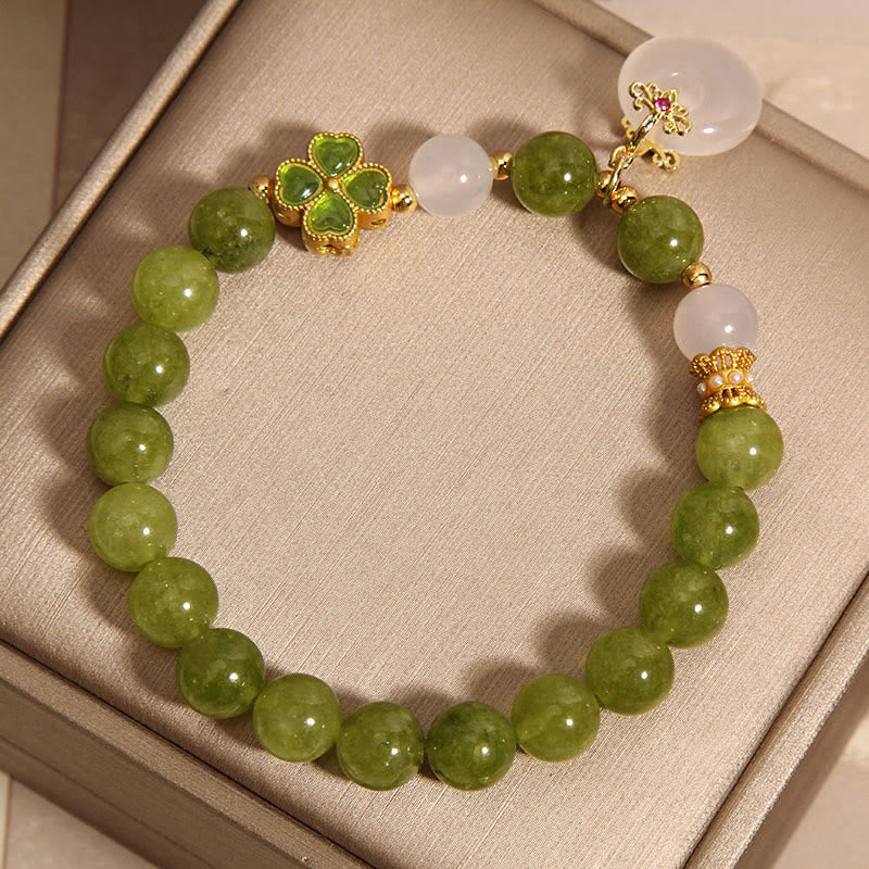 Green Tourmaline Chalcedony Four Leaf Clover Peace Buckle Charm Wisdom Bracelet - Image 3