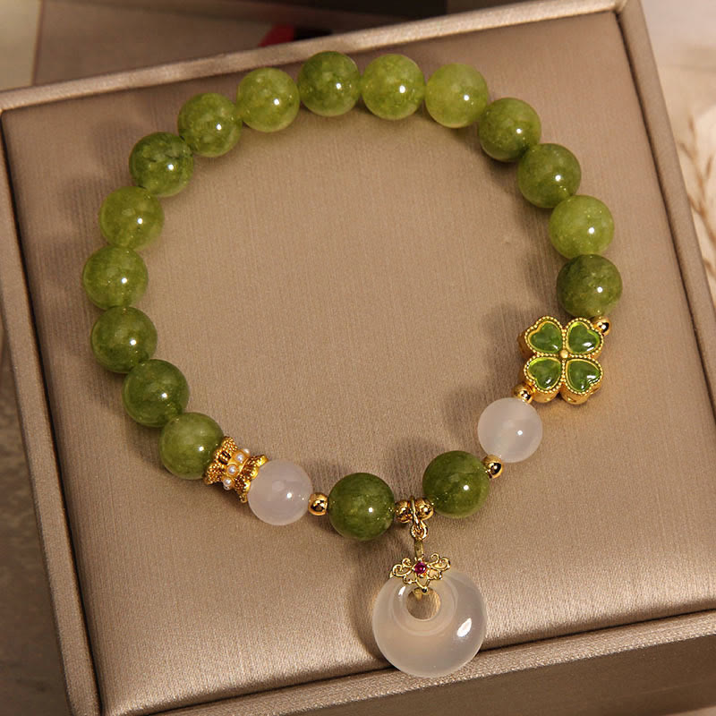 Green Tourmaline Chalcedony Four Leaf Clover Peace Buckle Charm Wisdom Bracelet - Image 6