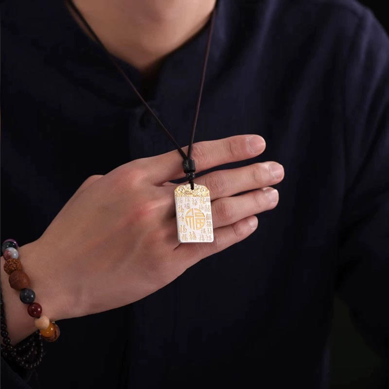 Silver Plated Copper Fu Character Auspicious Clouds Luck Fortune Rope Necklace Pendant - Image 5