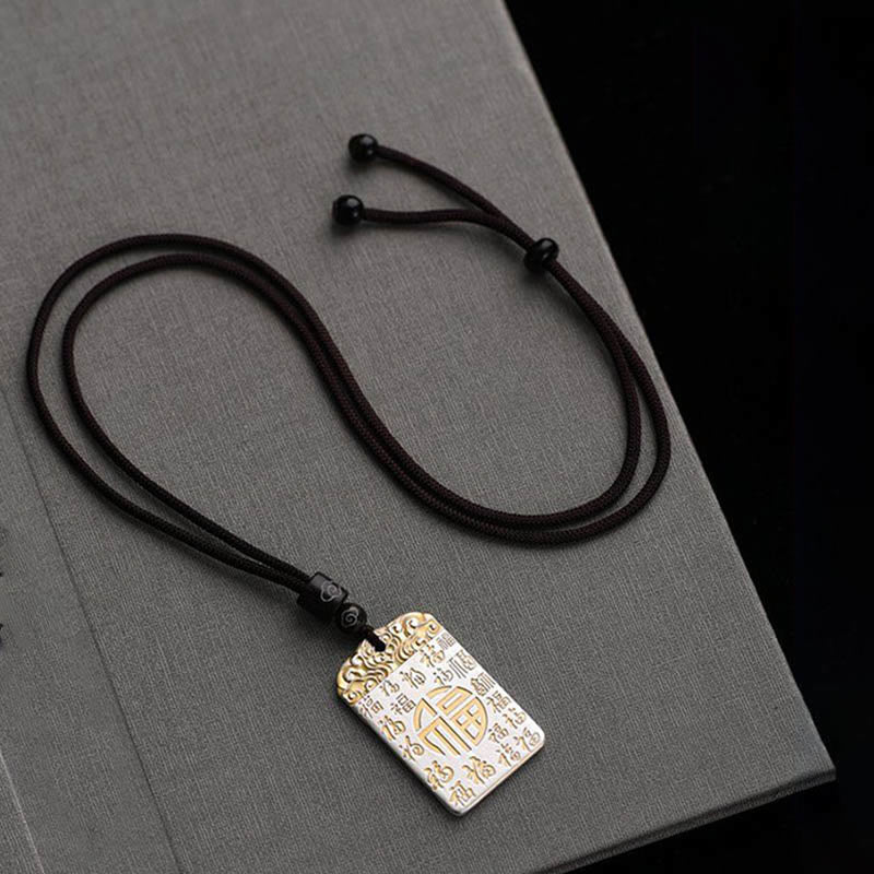 Silver Plated Copper Fu Character Auspicious Clouds Luck Fortune Rope Necklace Pendant - Image 4
