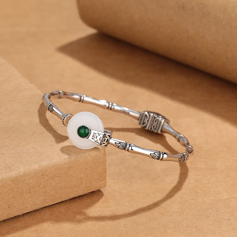 White Jade Peace Buckle Bamboo Design Luck Copper Cuff Bracelet Bangle