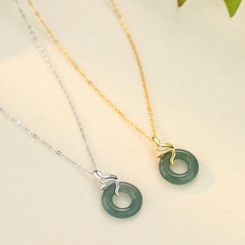 925 Sterling Silver 18K Gold Jade Peace Buckle Spirit Snake Peace Necklace Pendant - Image 6