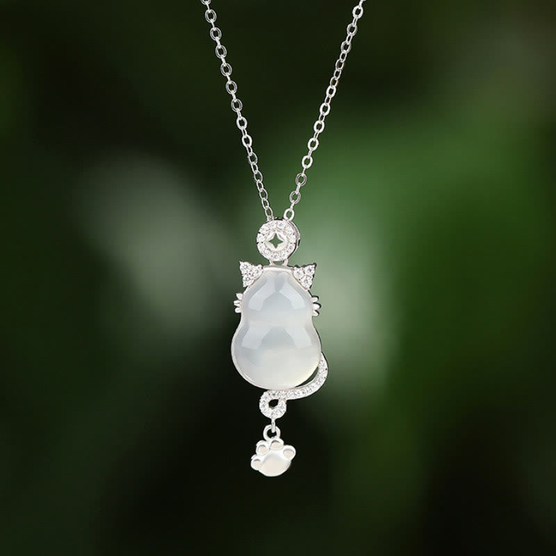 925 Sterling Silver Plated 14k Gold White Jade Gourd Cat Protection Necklace Pendant