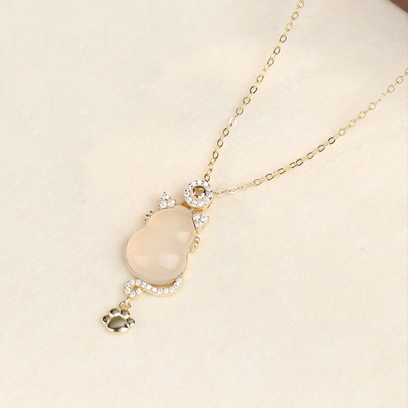 925 Sterling Silver Plated 14k Gold White Jade Gourd Cat Protection Necklace Pendant - Image 9