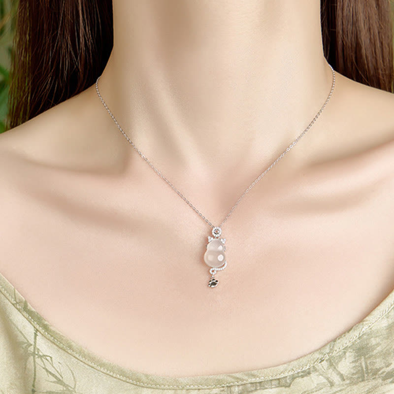 925 Sterling Silver Plated 14k Gold White Jade Gourd Cat Protection Necklace Pendant - Image 3