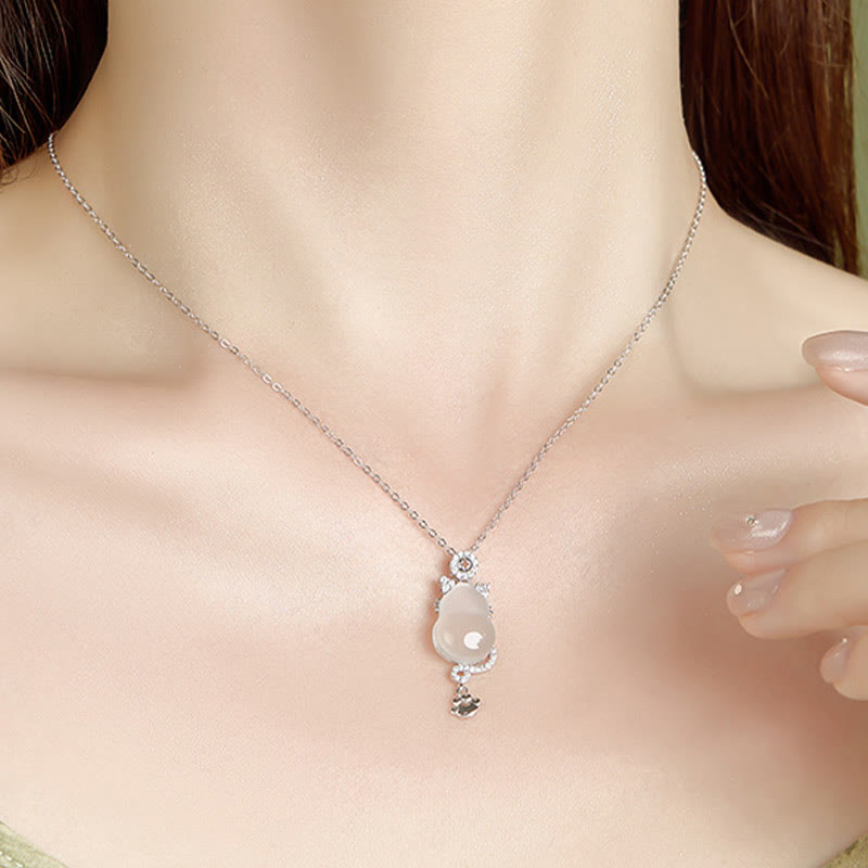 925 Sterling Silver Plated 14k Gold White Jade Gourd Cat Protection Necklace Pendant - Image 5
