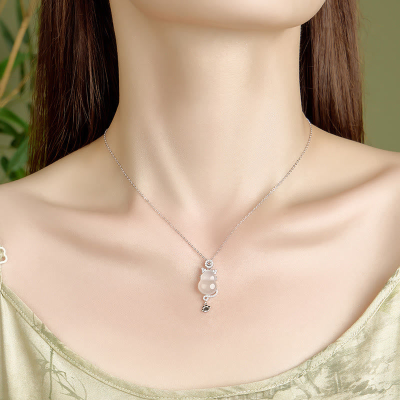 925 Sterling Silver Plated 14k Gold White Jade Gourd Cat Protection Necklace Pendant - Image 4