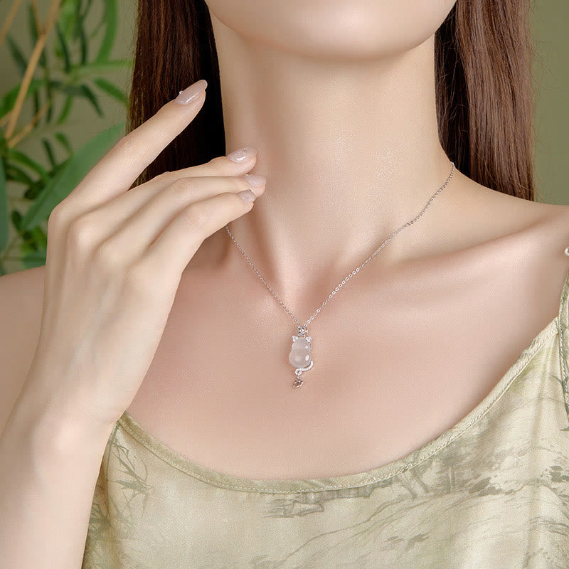 925 Sterling Silver Plated 14k Gold White Jade Gourd Cat Protection Necklace Pendant - Image 8