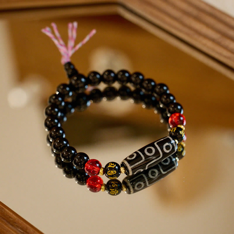 Tibetan Nine-eye Dzi Bead Black Onyx Six True Words Wealth Protection Bracelet
