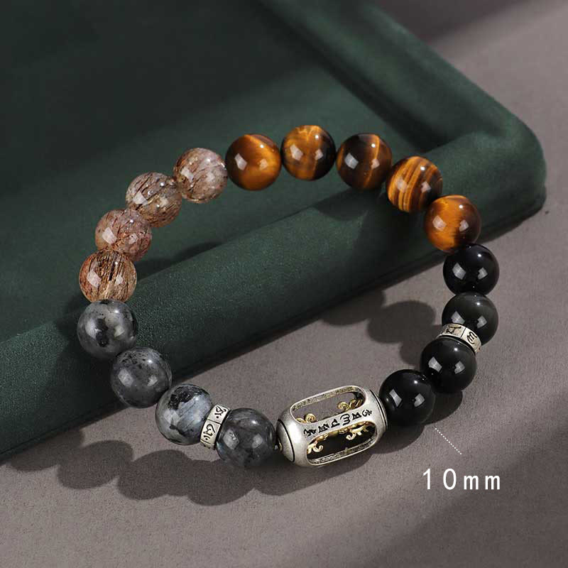 925 Sterling Silver Black Onyx Gold Sheen Obsidian Lava Rock Tiger Eye Six True Words Wealth Protection Bracelet