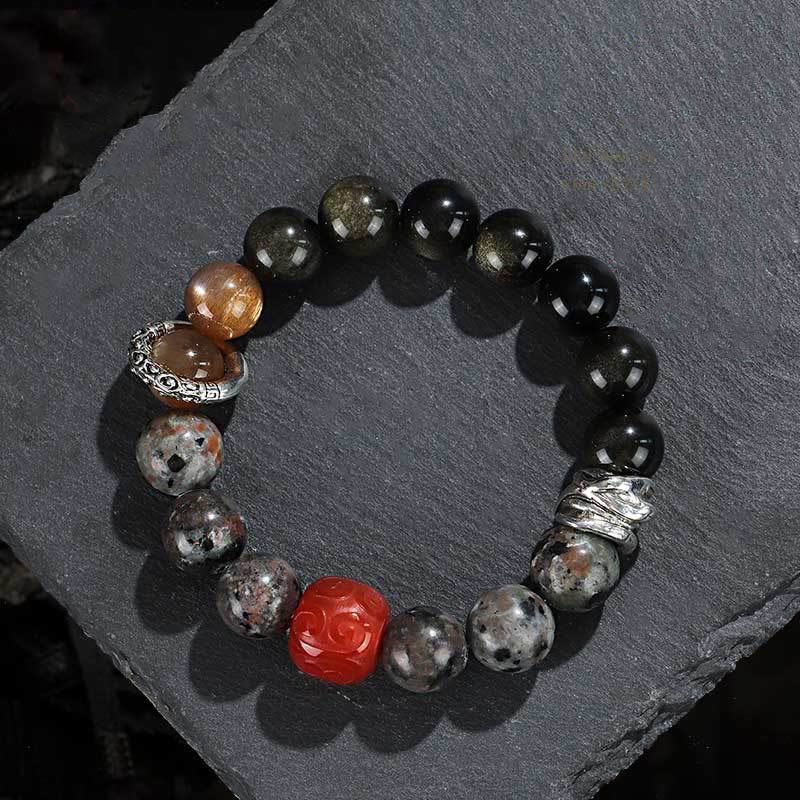 Gold Sheen Obsidian Lava Rock Red Agate Protection Bracelet