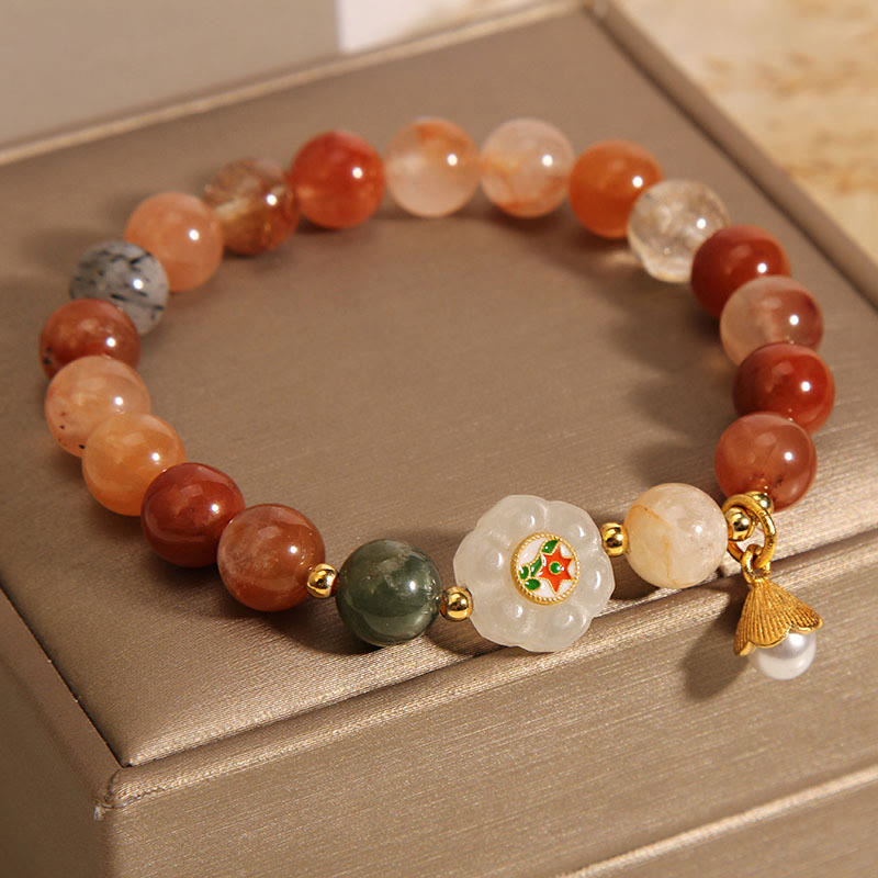 Natural Fu Lu Shou Crystal Hetian White Jade Pearl Luck Bracelet - Image 4