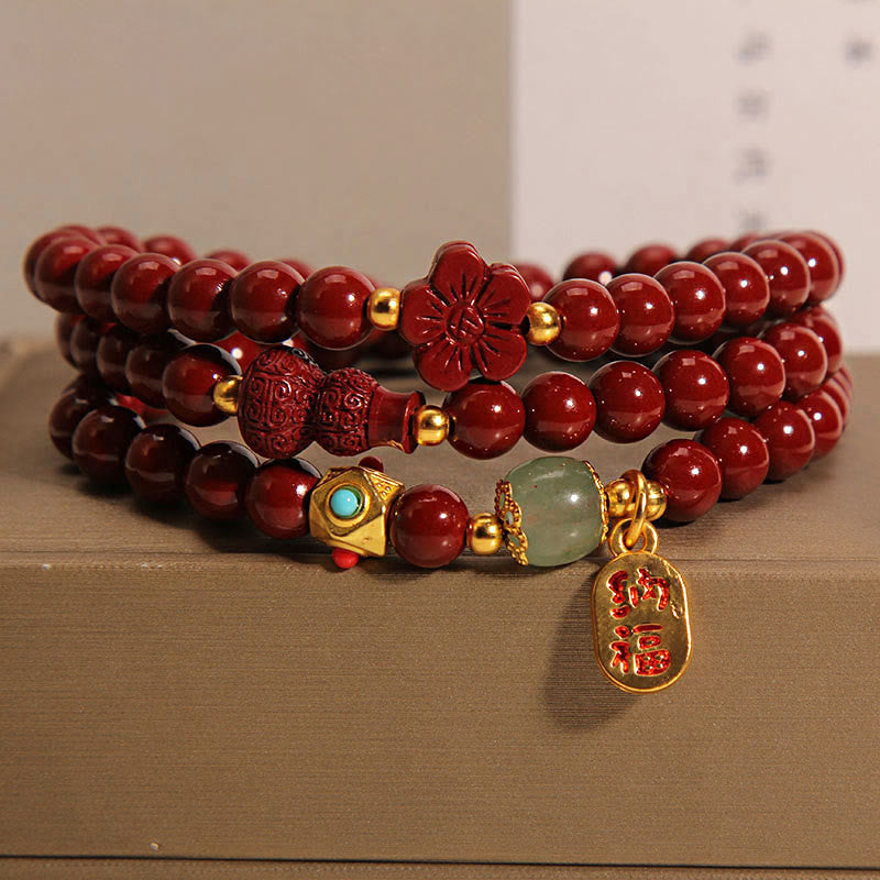 Cinnabar Fu Character Flower Gourd Triple Wrap Blessing Bracelet