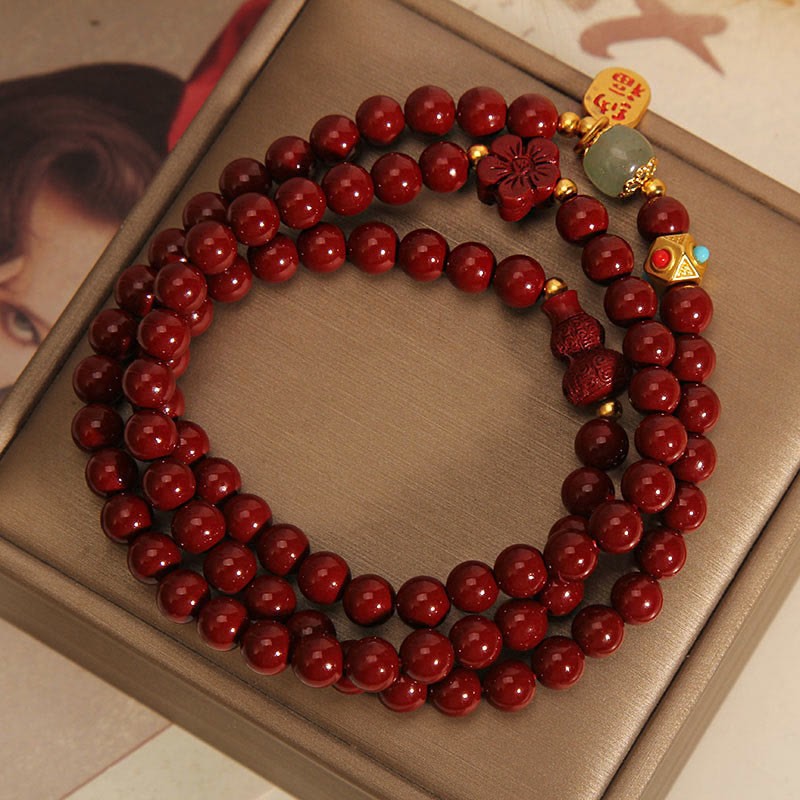 Cinnabar Fu Character Flower Gourd Triple Wrap Blessing Bracelet - Image 4