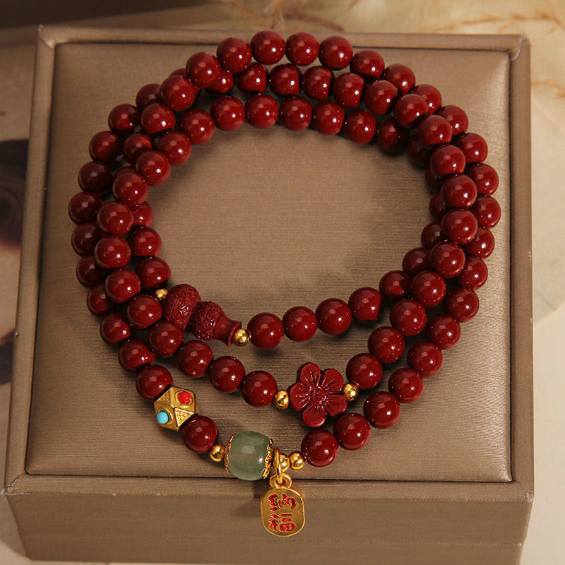 Cinnabar Fu Character Flower Gourd Triple Wrap Blessing Bracelet - Image 3