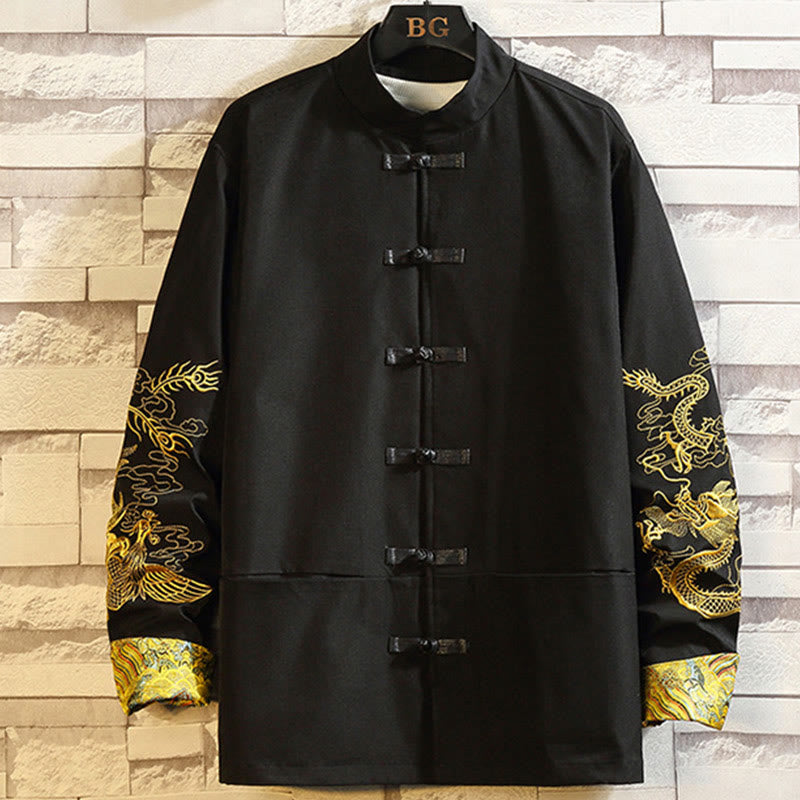 Embroider Dragon Phoenix Casual Frog-button Cotton Men's Jacket Shirt Clothing
