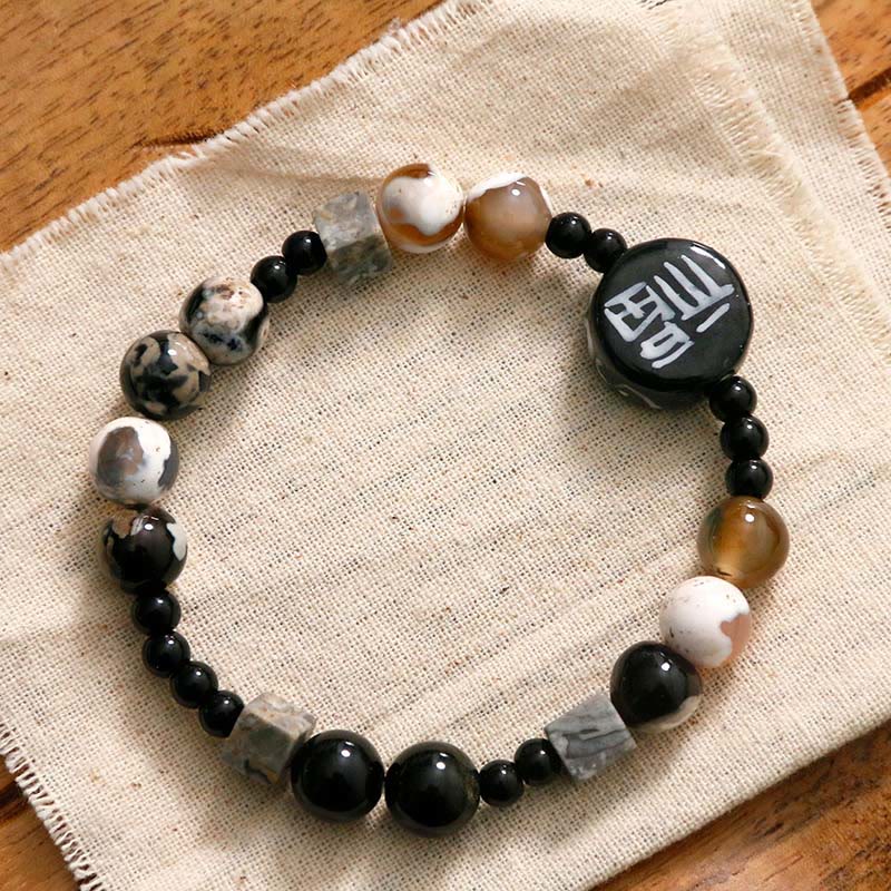 Black Onyx Ceramics Agate Black Glitter Stone Fortune Fu Character Bracelet