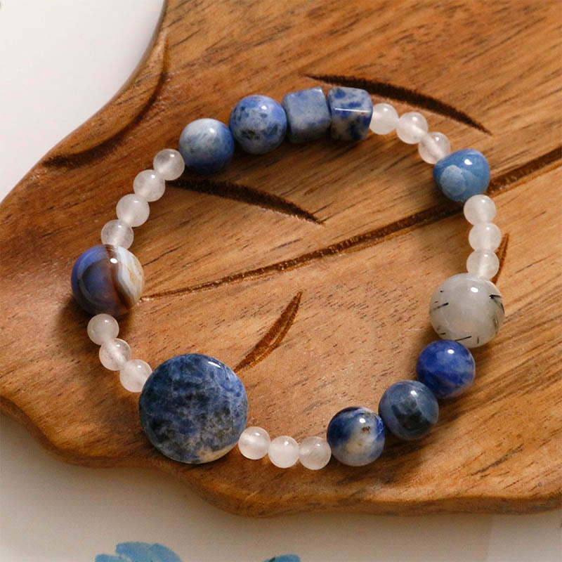 Blue Aventurine Agate Jade Black Rutilated Quartz Bracelet