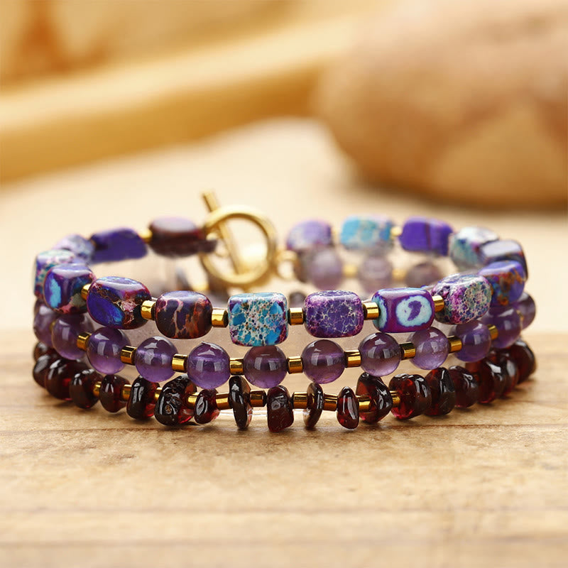 Amethyst Garnet Emperor Stone Communication Triple Wrap Bracelet