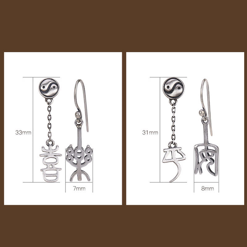 925 Sterling Silver Chinese Character 'Ping An' 'Xi Le' Protection Earrings - Image 15