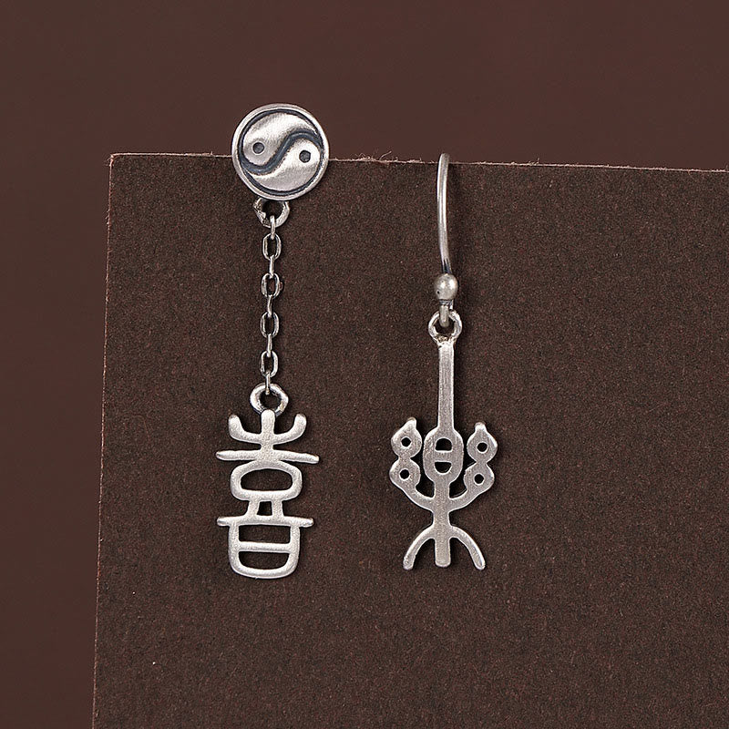 925 Sterling Silver Chinese Character 'Ping An' 'Xi Le' Protection Earrings - Image 10