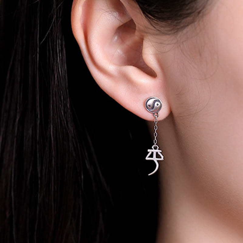 925 Sterling Silver Chinese Character 'Ping An' 'Xi Le' Protection Earrings - Image 5