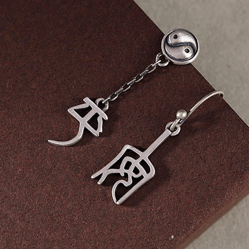 925 Sterling Silver Chinese Character 'Ping An' 'Xi Le' Protection Earrings - Image 4