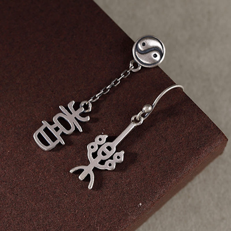 925 Sterling Silver Chinese Character 'Ping An' 'Xi Le' Protection Earrings - Image 9