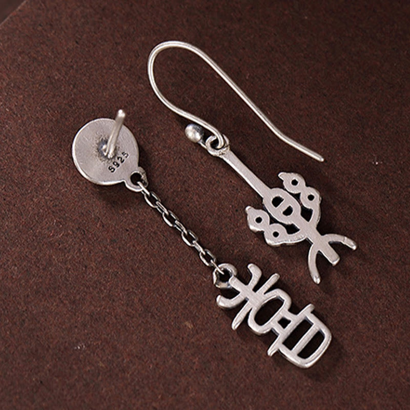 925 Sterling Silver Chinese Character 'Ping An' 'Xi Le' Protection Earrings - Image 11