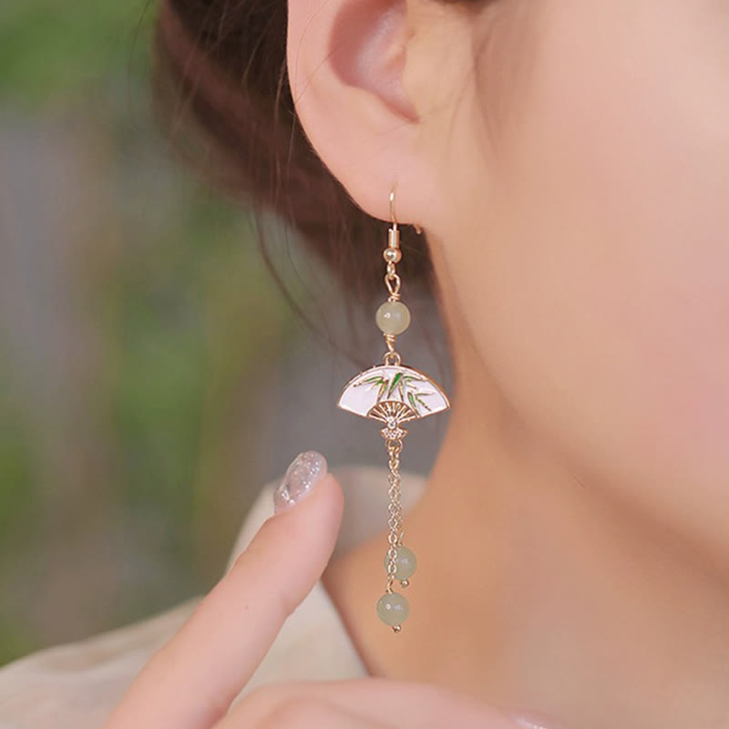 14K Gold Filled Copper Jade Fan Bamboo Abundance Earrings - Image 3