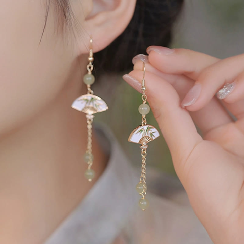 14K Gold Filled Copper Jade Fan Bamboo Abundance Earrings
