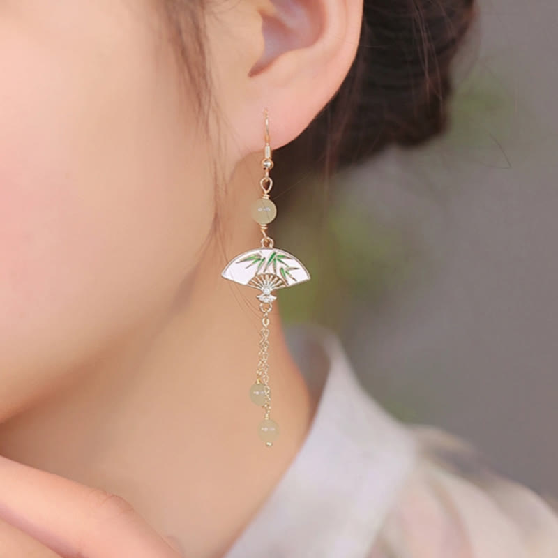 14K Gold Filled Copper Jade Fan Bamboo Abundance Earrings - Image 4